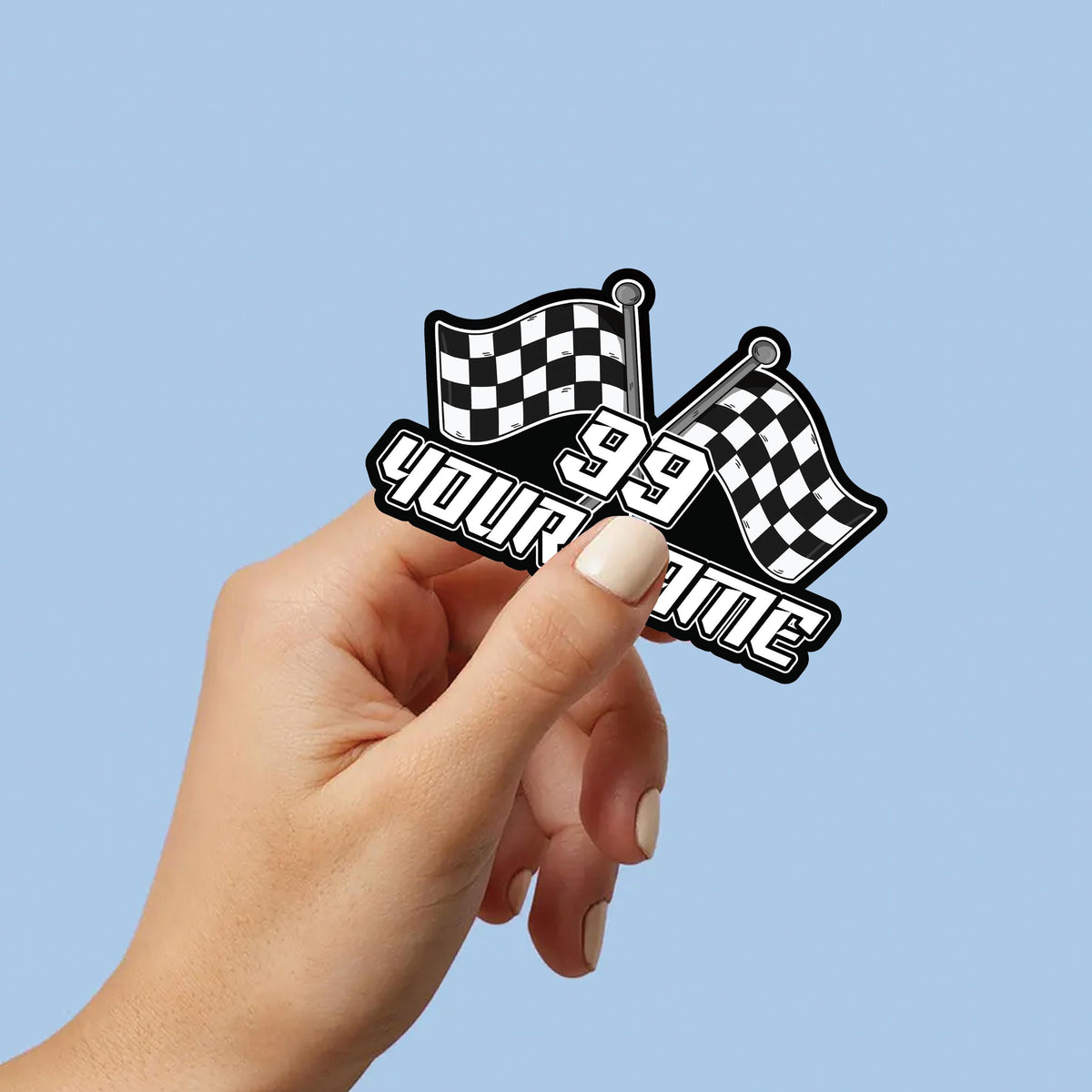 Custom racing sticker with a name and number in a bold race font – view 5