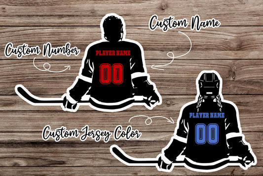 Custom ice hockey player sticker with a name and number, man or woman player