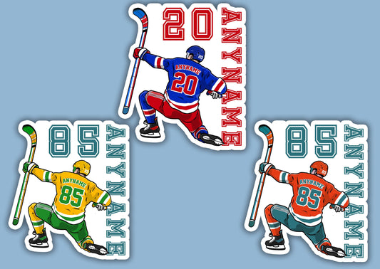 Custom hockey jersey back sticker with a name, number, jersey and pants colors
