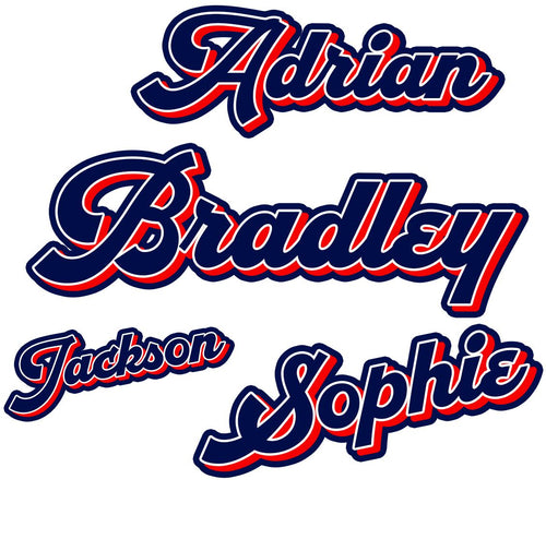 Custom varsity script name stickers in navy and red