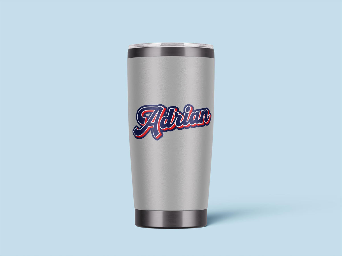 Custom varsity script name stickers in navy and red – view 2