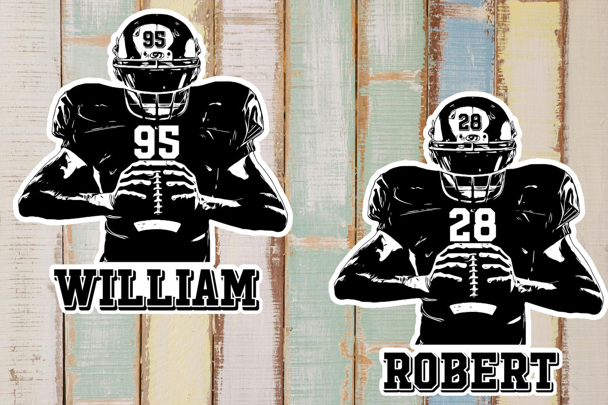 Custom football jersey number sticker with a name in your colors