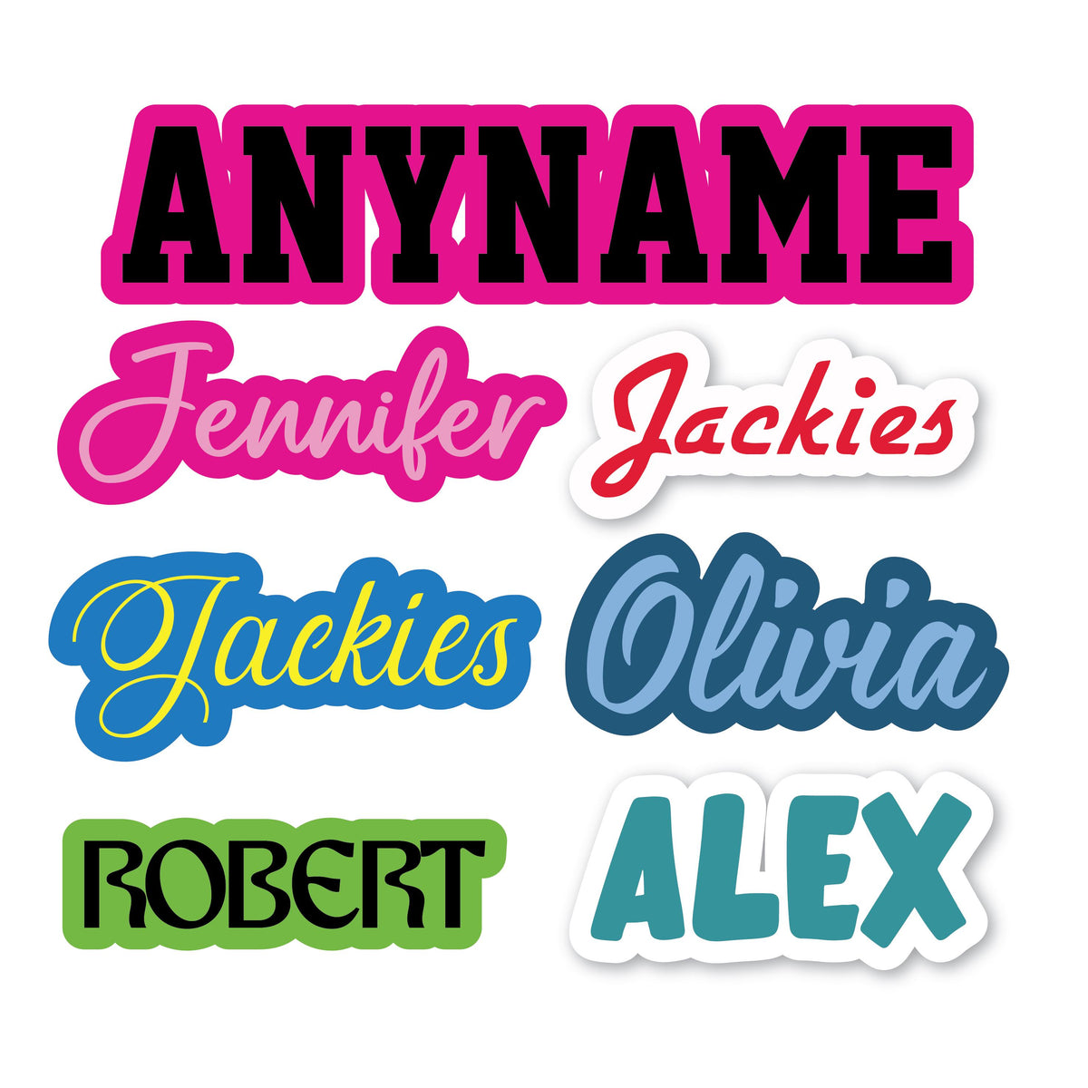 Custom colorful name stickers shown in seven different font styles