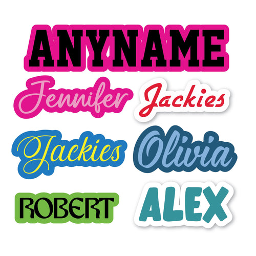 Custom colorful name stickers shown in seven different font styles