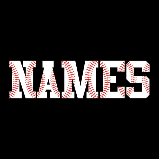 Custom baseball-stitch block letter name sticker on black