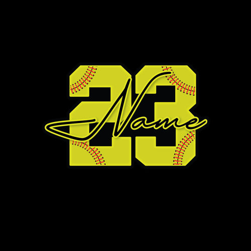Custom softball sticker with a yellow stitched number and a script name