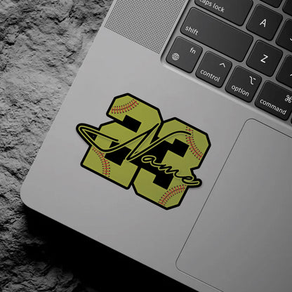 Custom softball sticker with a yellow stitched number and a script name – view 6