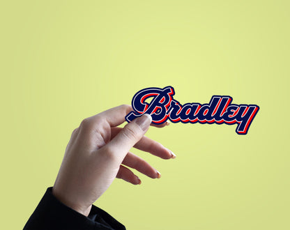 Custom varsity script name stickers in navy and red – view 3