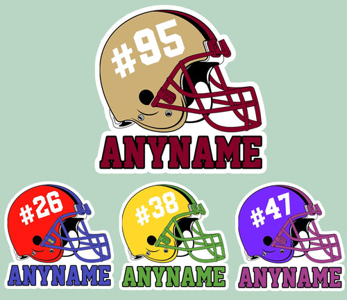Custom football helmet sticker with a name, number and helmet color