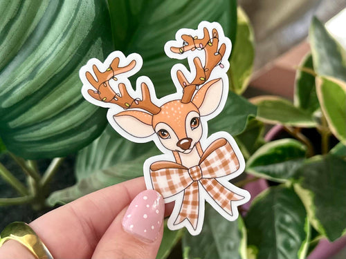Christmas Reindeer sticker, plaid bow