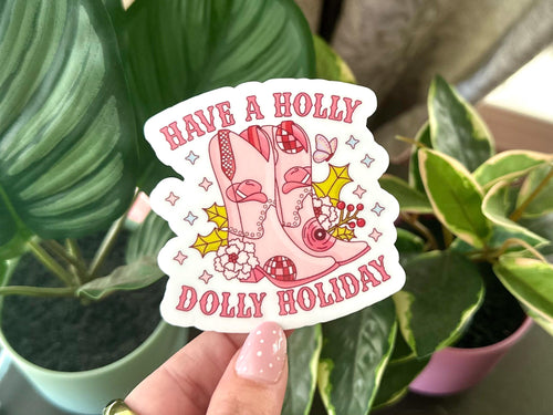 Holly Dolly Holiday sticker, pink christmas cowgirl boots