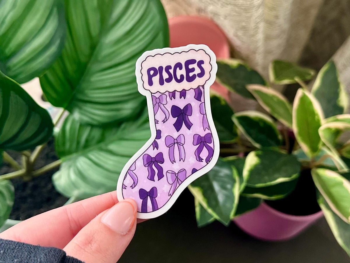 Pisces Zodiac sticker, purple bows
