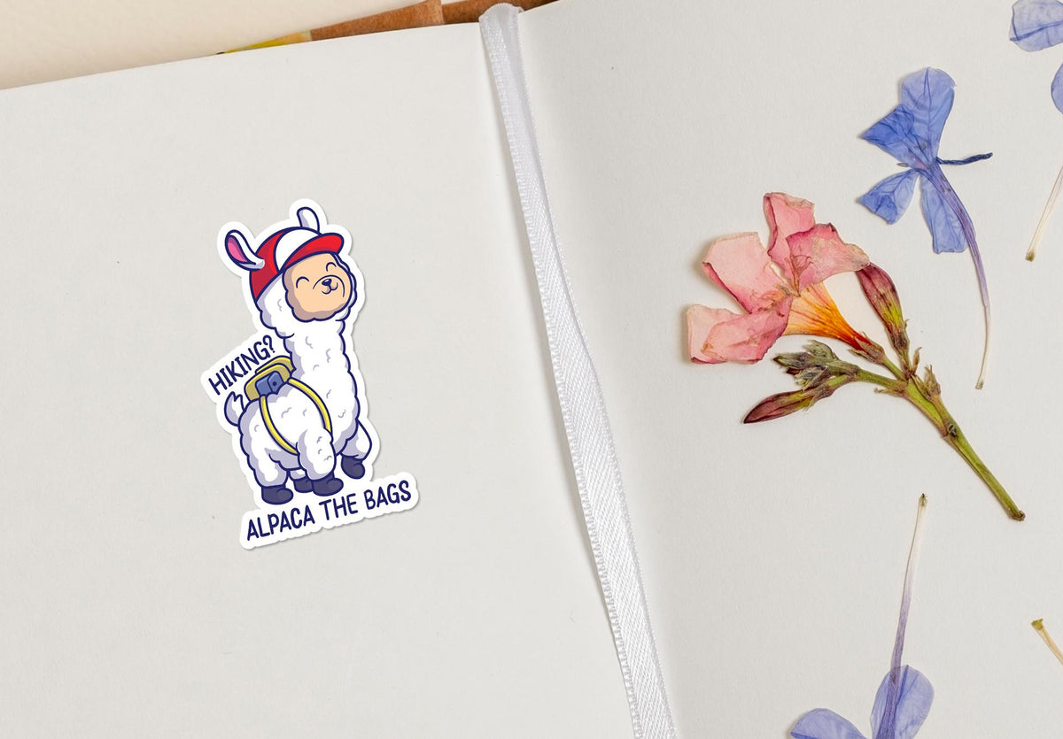 Hiking? Alpaca My Bags sticker, funny pun design – view 3