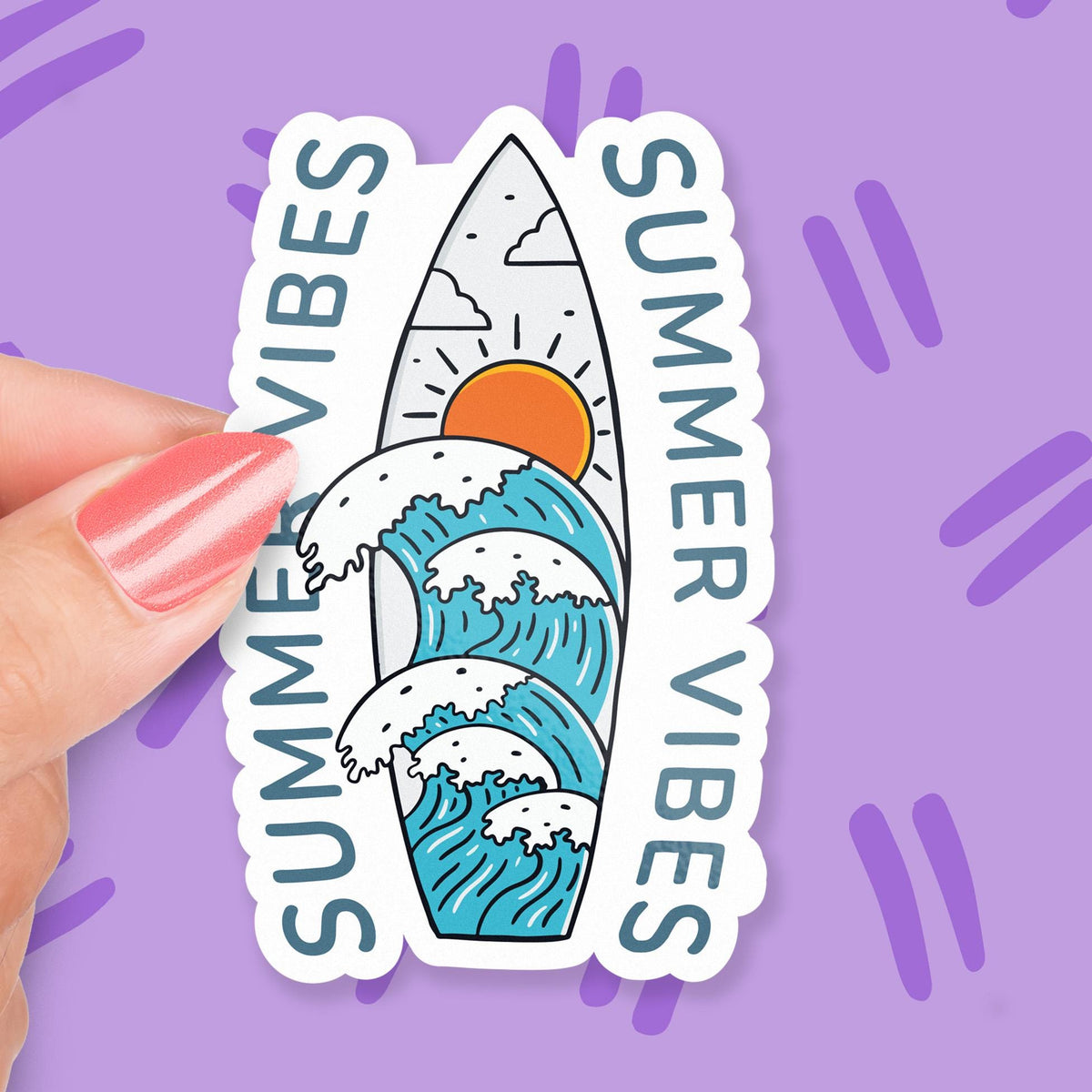 Summer Vibes Surfboard sticker, ocean surfboard art