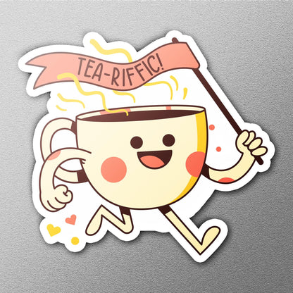 Tea-riffic sticker, fun pun design