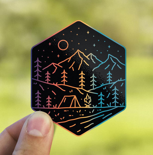 Rainbow Gradient Camping sticker, black outline camping design