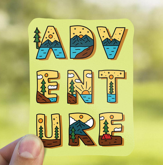 Adventure sticker, scenic landscape letter design