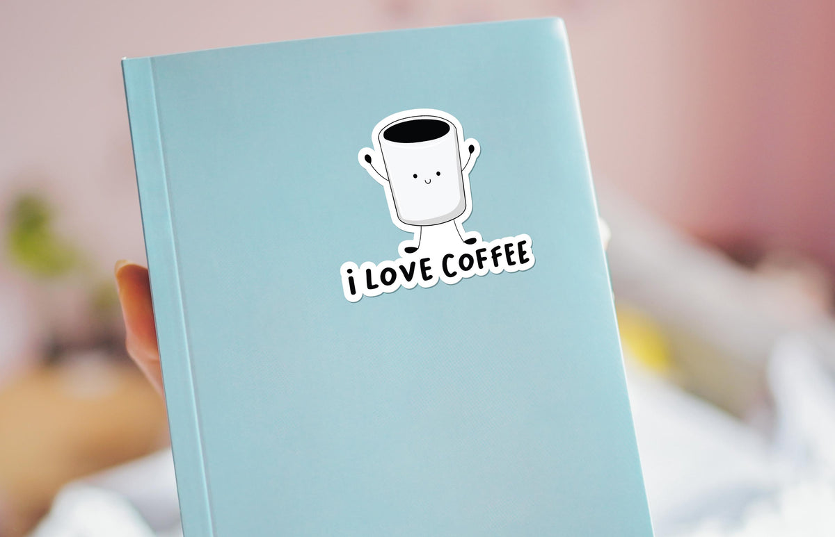I Love Coffee sticker, cute coffee mug with arms and legs – view 3