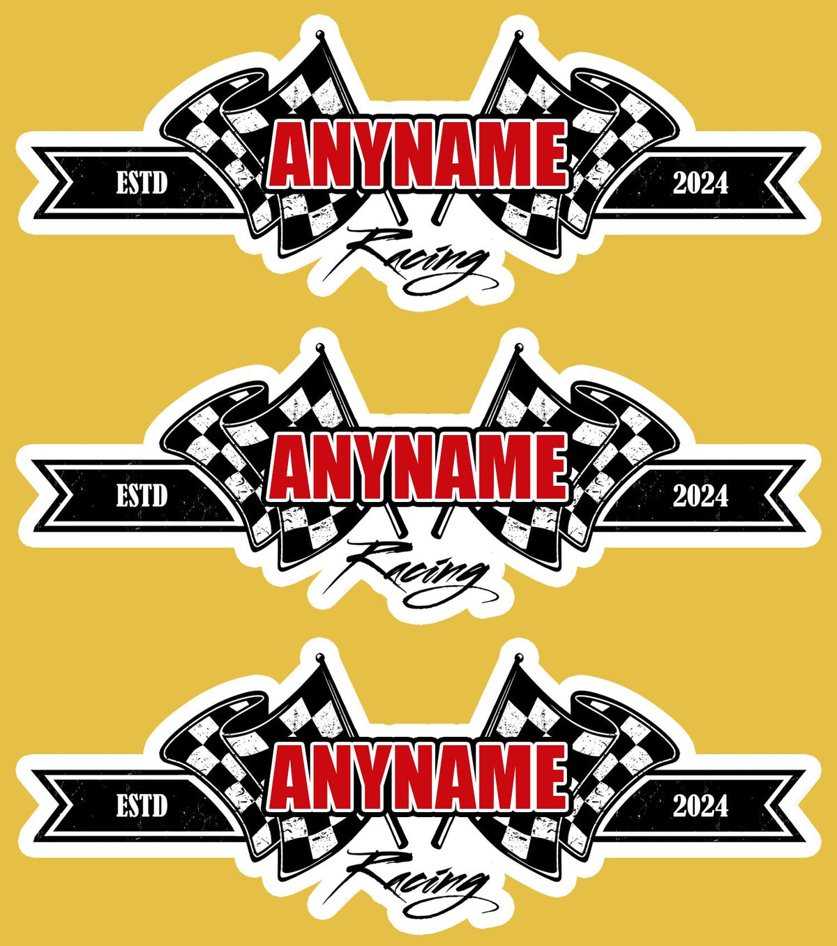 Custom racing flag sticker with a name and established year