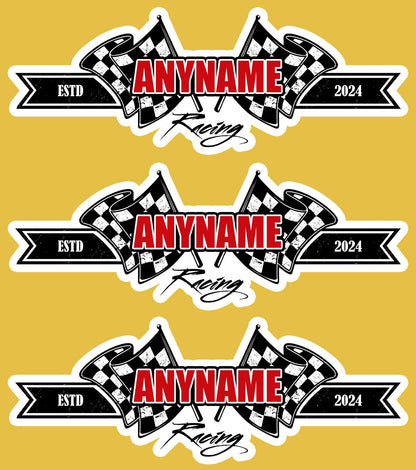 Custom racing flag sticker with a name and established year