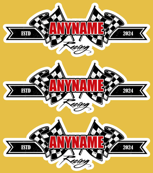 Custom racing flag sticker with a name and established year