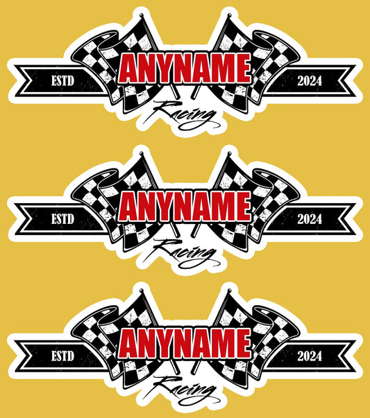 Custom racing flag sticker with a name and established year