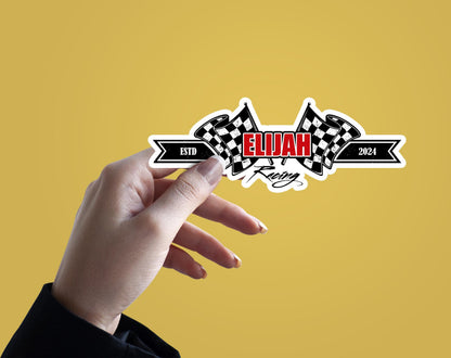 Custom racing flag sticker with a name and established year – view 4