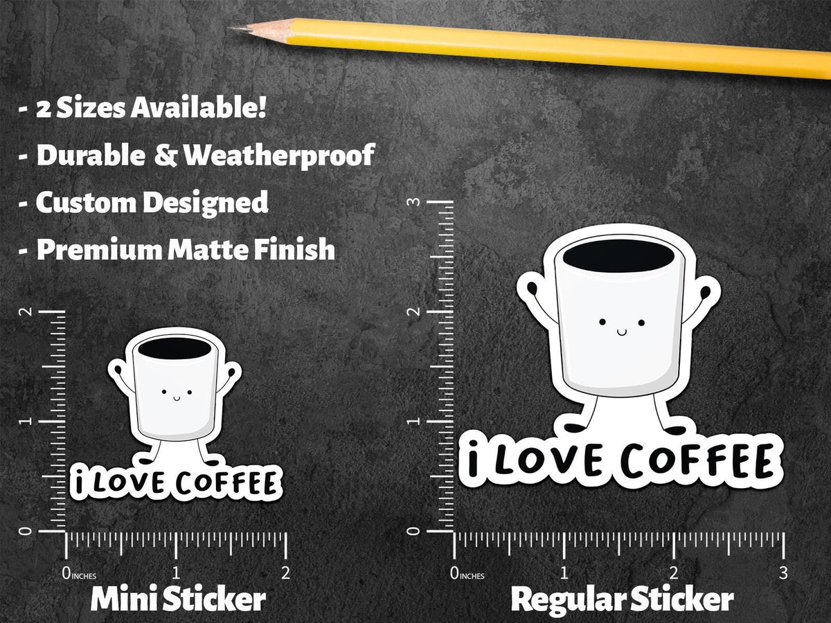 I Love Coffee sticker, cute coffee mug with arms and legs – view 2