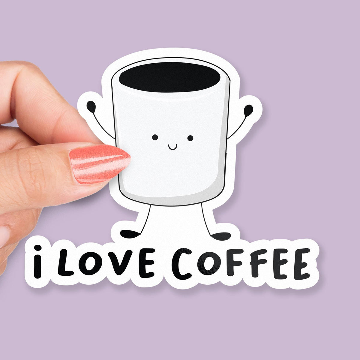 I Love Coffee sticker, cute coffee mug with arms and legs