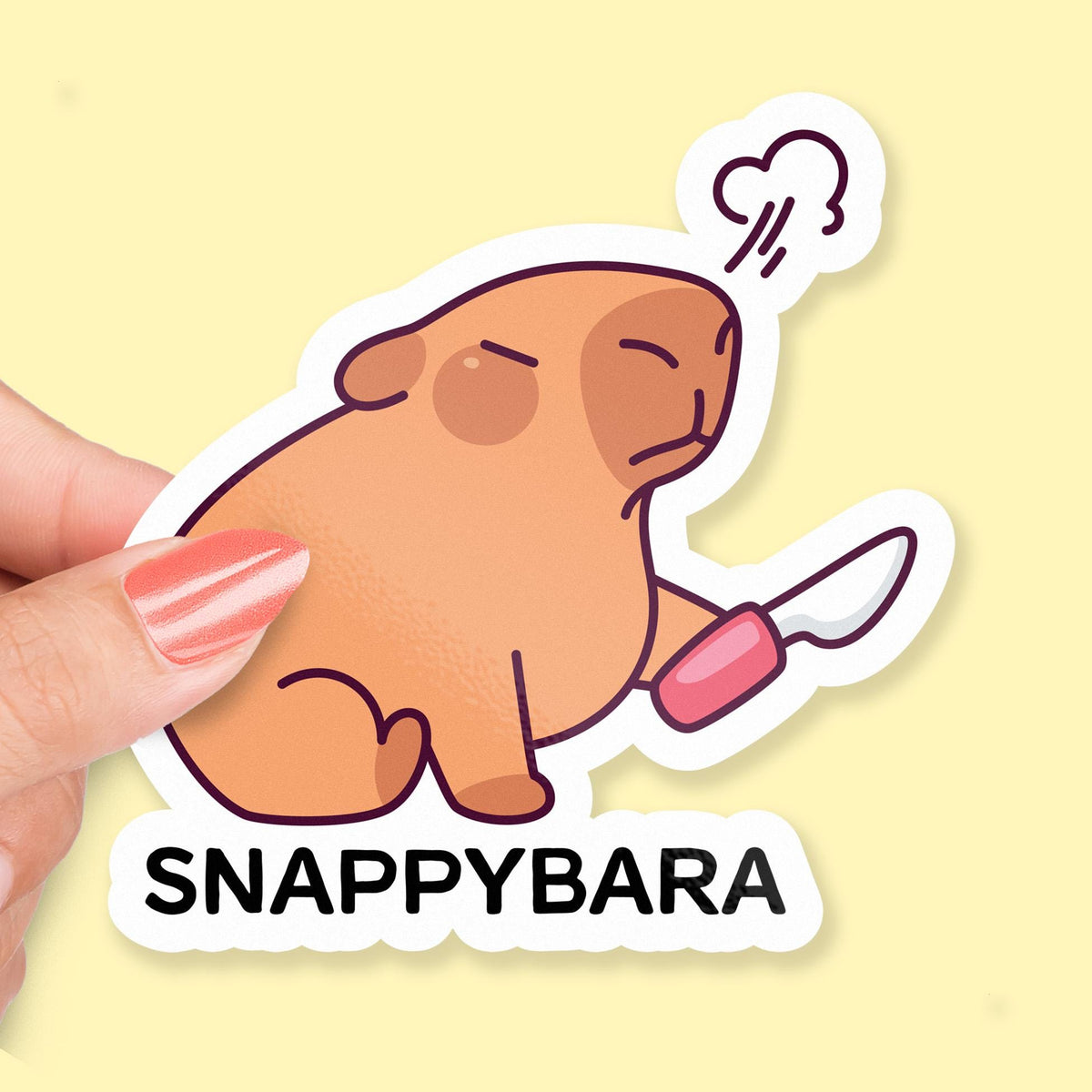 Snappbara sticker, cute capybara with knife