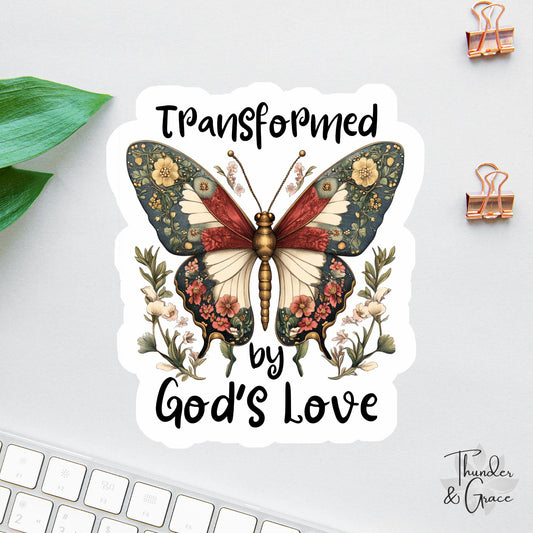 Transformed by God's Love sticker, cottagecore butterfly