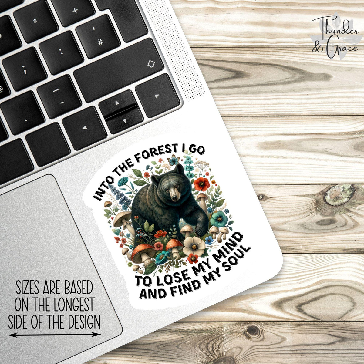 Into the Forest I Go sticker, floral woodland bear – view 2