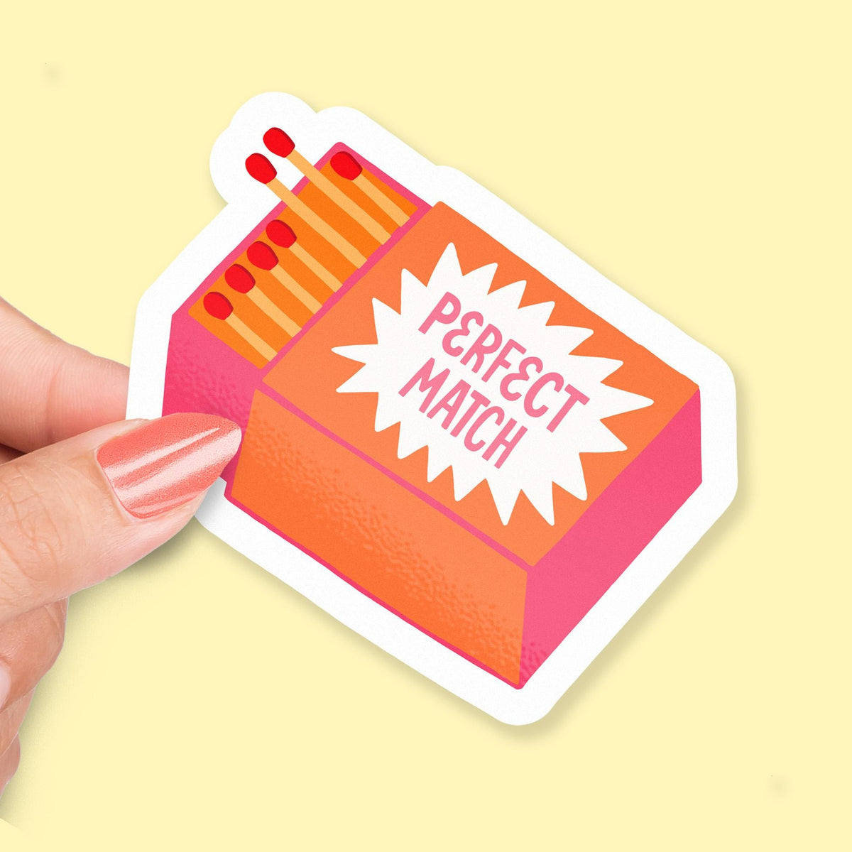Perfect Match sticker, orange and pink matchbox design