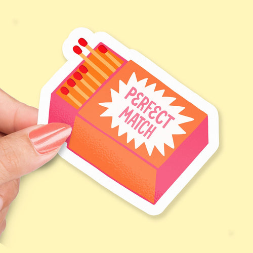 Perfect Match sticker, orange and pink matchbox design