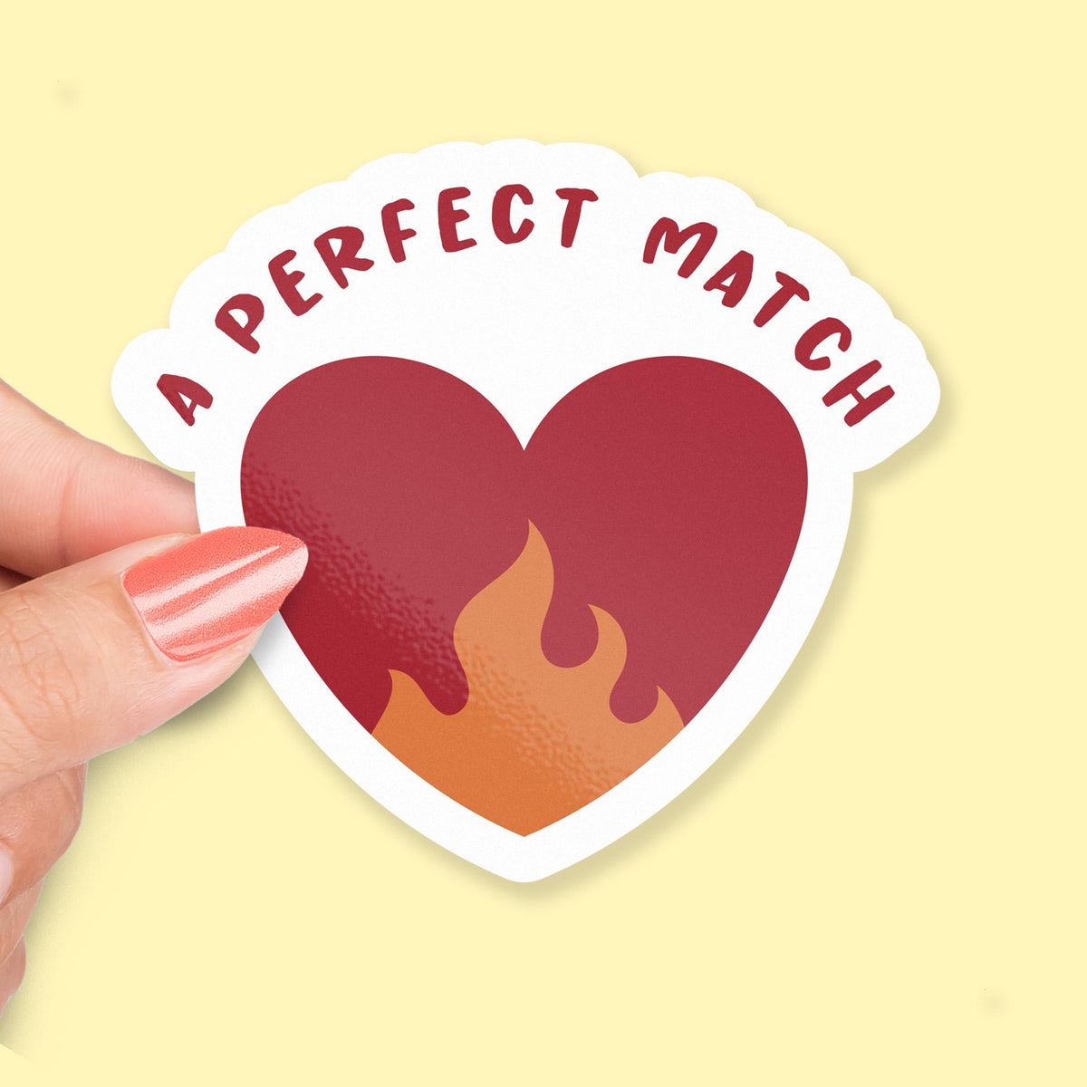 Perfect Match sticker, heart with orange flame