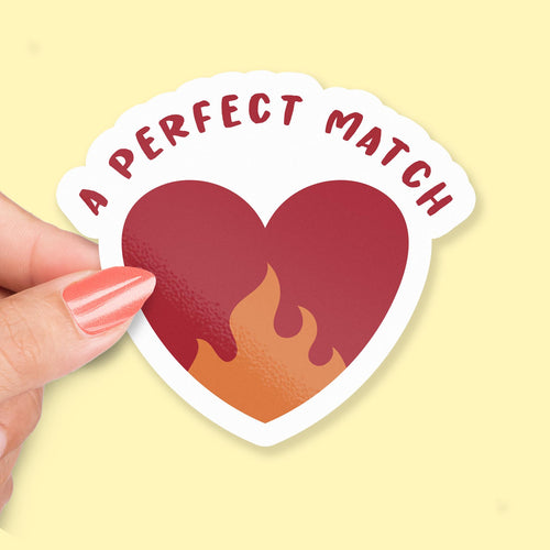 Perfect Match sticker, heart with orange flame