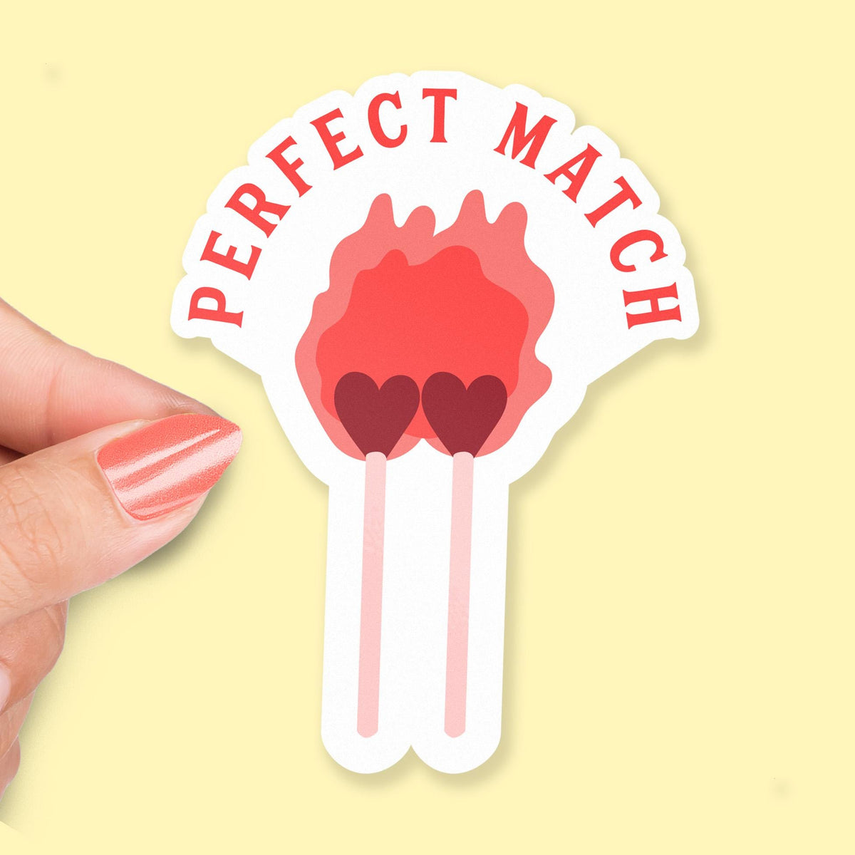 Perfect Match sticker, heart-shaped match heads
