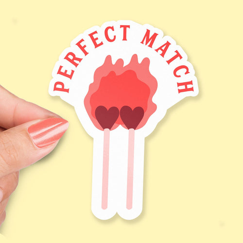 Perfect Match sticker, heart-shaped match heads