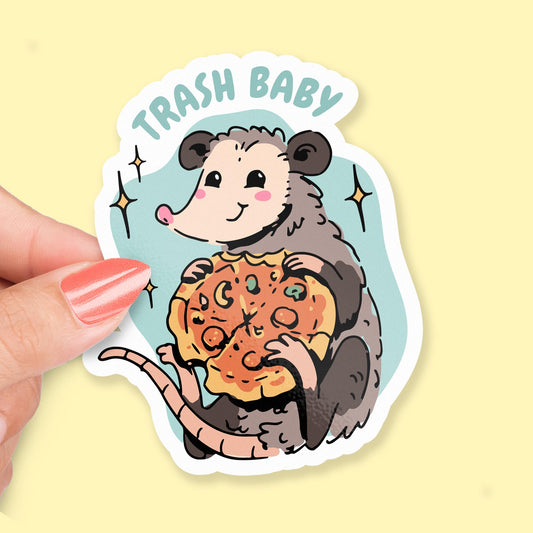 Trash Baby sticker, cute possum holding pizza