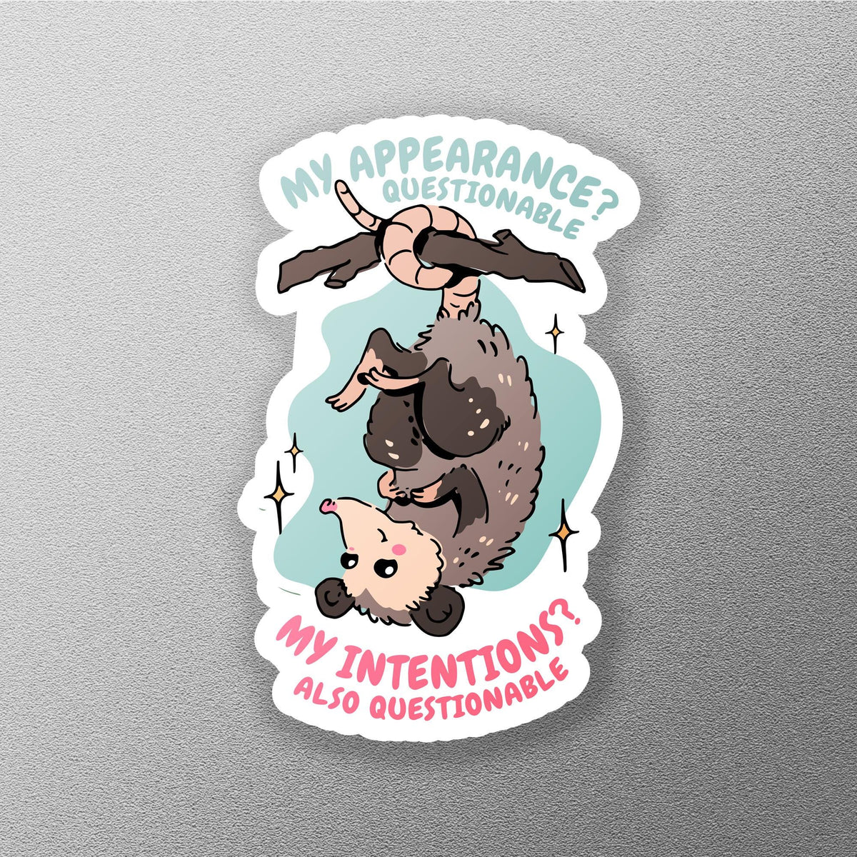 Questionable Intentions Possum sticker, funny possum hanging from tree – view 2