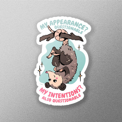 Questionable Intentions Possum sticker, funny possum hanging from tree – view 2