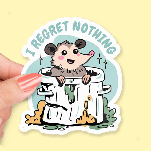 I Regret Nothing sticker, cute possum in trash can