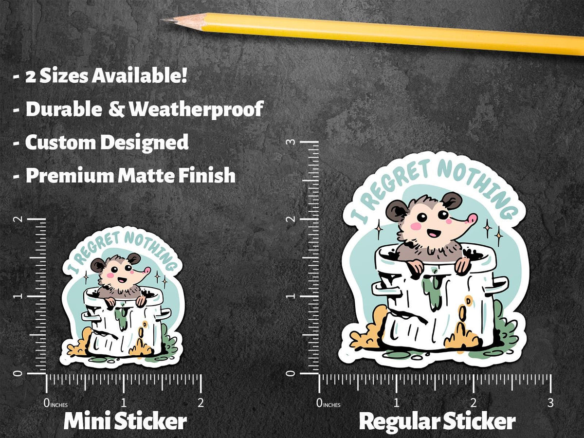 I Regret Nothing sticker, cute possum in trash can – view 2