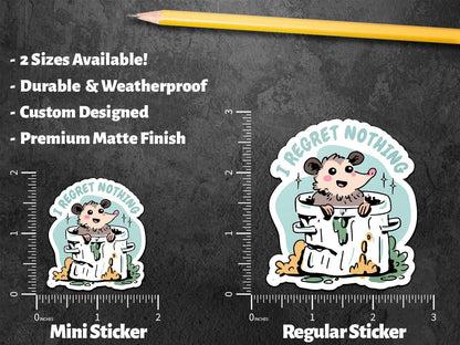 I Regret Nothing sticker, cute possum in trash can – view 2