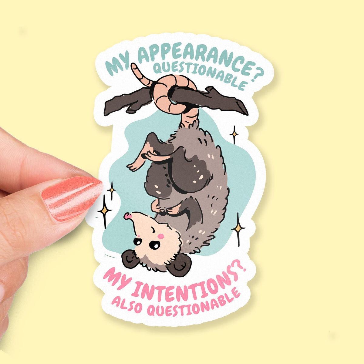 Questionable Intentions Possum sticker, funny possum hanging from tree