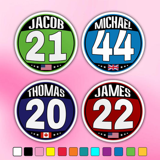 Custom racing flag sticker with a signature-style name