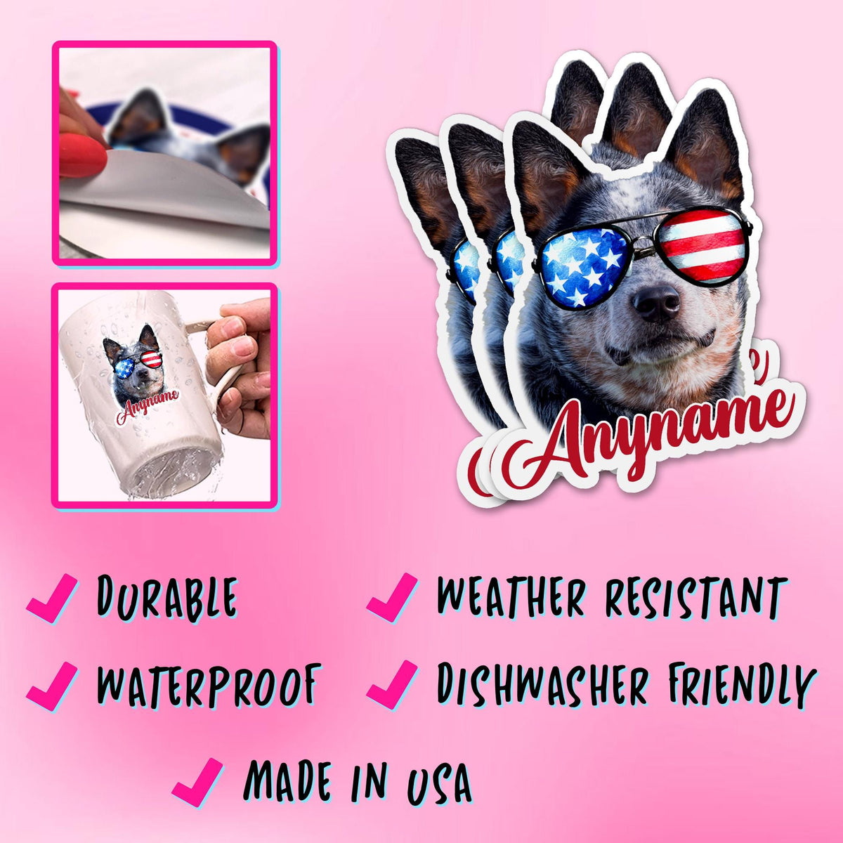 Custom 4th of July dog photo sticker with a flag background and a name – view 4