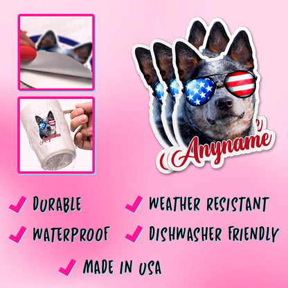 Custom 4th of July dog photo sticker with a flag background and a name – view 4
