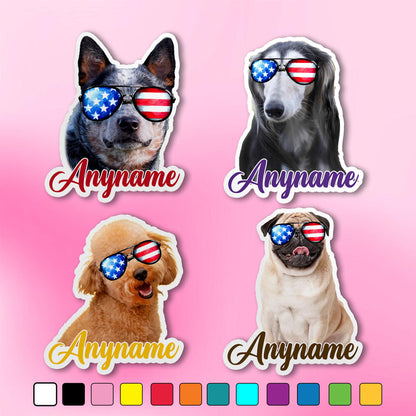 Custom 4th of July dog photo sticker with a flag background and a name