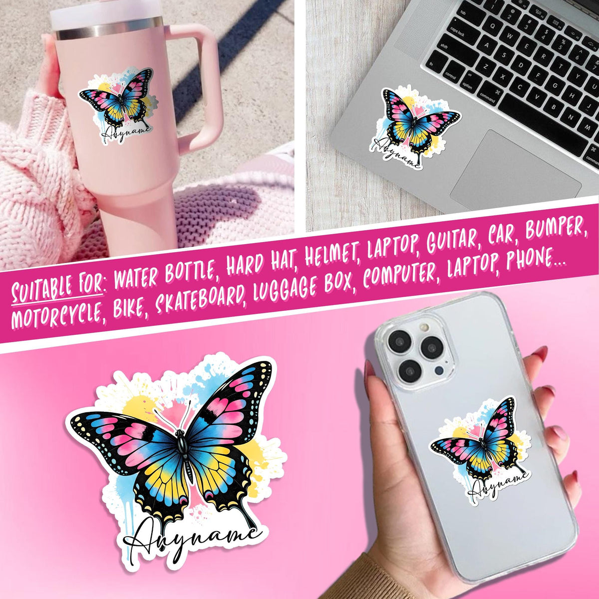Custom butterfly watercolor name sticker with cute drip lettering – view 2